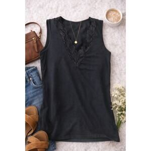 Black V-Neck Tank Top XS Sleeveless Lace Trim Soft Basic